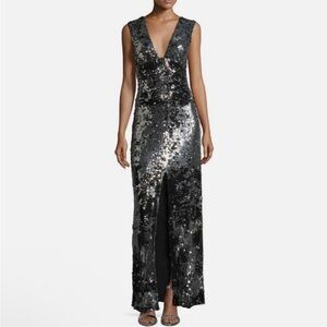 Rachel Zoe Black and Silver Sequin Gown with Plunge Neckline Night Out Size 2